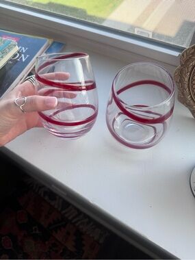 Cost Plus World Market Clear Stemless Glasses with Raspberry Swirl (Set of 2)